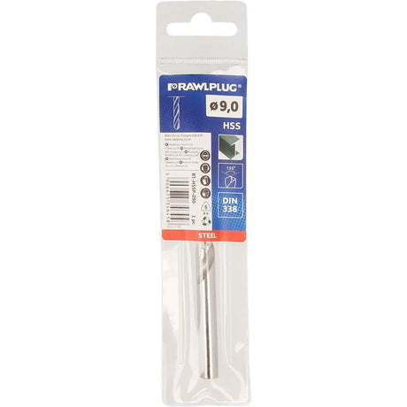 Rawlplug HSS steel drill bit 9mm diameter in blister packaging with blue and white branded card header, orange steel label band, and silver metal drill bit visible through clear plastic window
