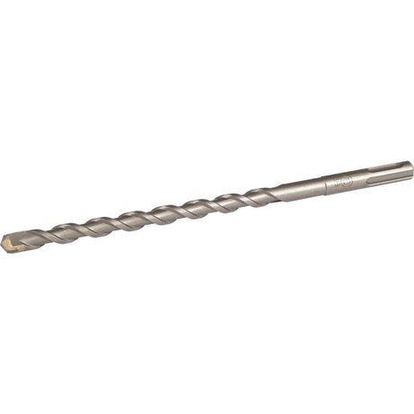 SDS Plus masonry drill bit 12mm x 210mm with twisted flutes and carbide tip on white background