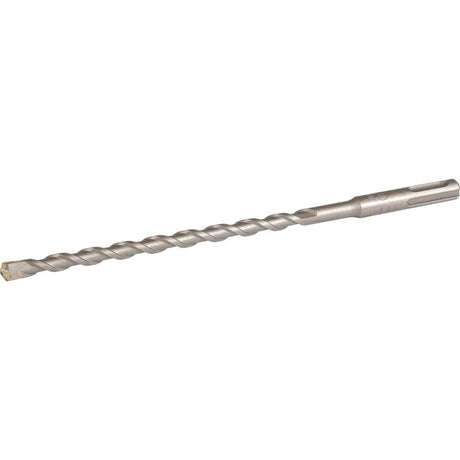 SDS Plus masonry drill bit 8mm diameter by 210mm length with spiral flutes and cylindrical shank on white background