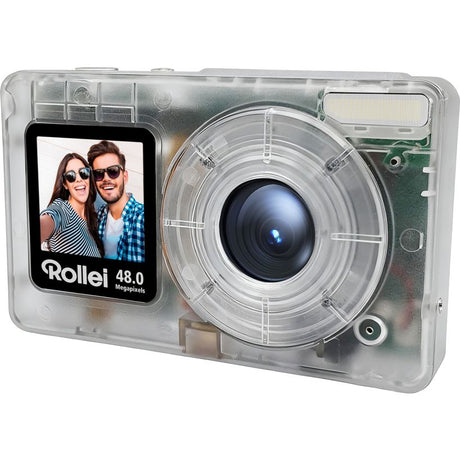 Rollei Compactline 48.0 megapixel transparent pocket digital camera with dual display screen showing couple wearing sunglasses, central lens, and visible internal circuitry and green circuit board components