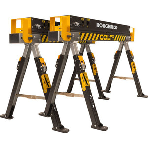 Roughneck Colt yellow and black folding sawhorse twin pack with metal legs and wooden crossbeams, featuring safety stripes and leg braces for workshop use