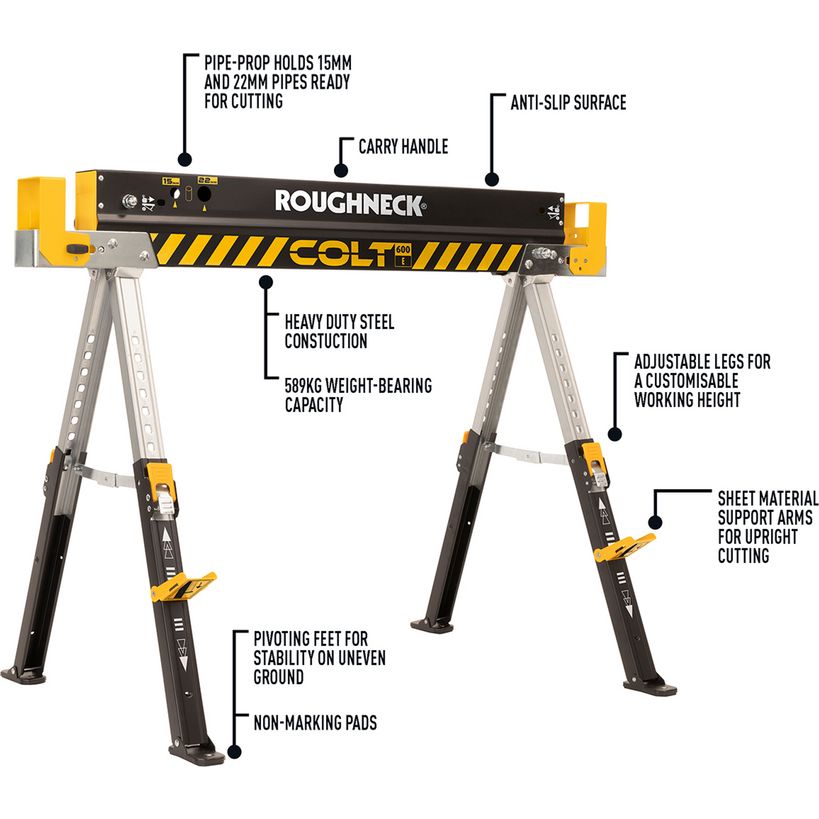 Roughneck Colt folding saw horse with yellow and black steel construction, adjustable legs, anti-slip surface, and pipe-prop holders for 15mm and 22mm pipes, featuring 589kg weight capacity and pivoting feet for stability