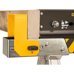 Roughneck Colt folding saw horse with yellow and black metal frame, light wood beam support, and silver metal hardware details shown from side angle