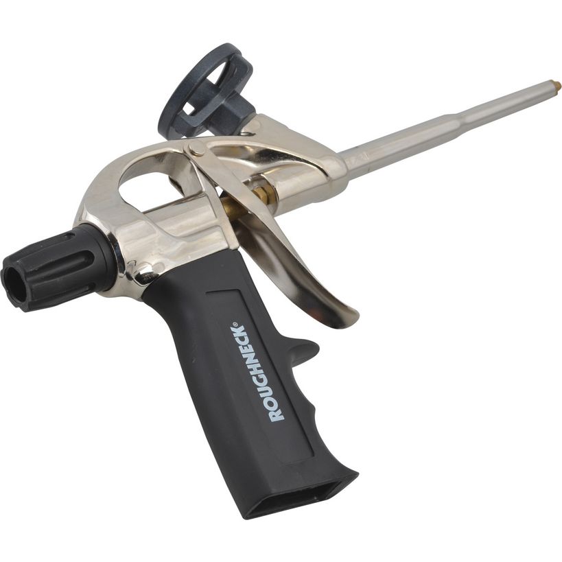 Roughneck expanding foam gun with black comfort grip handle, metal barrel and nozzle, and black adjustable valve knob for dispensing polyurethane foam sealant