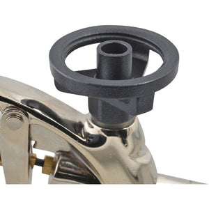 Roughneck expanding foam gun with black plastic trigger head and metal chrome-plated body shown in detail view against white background