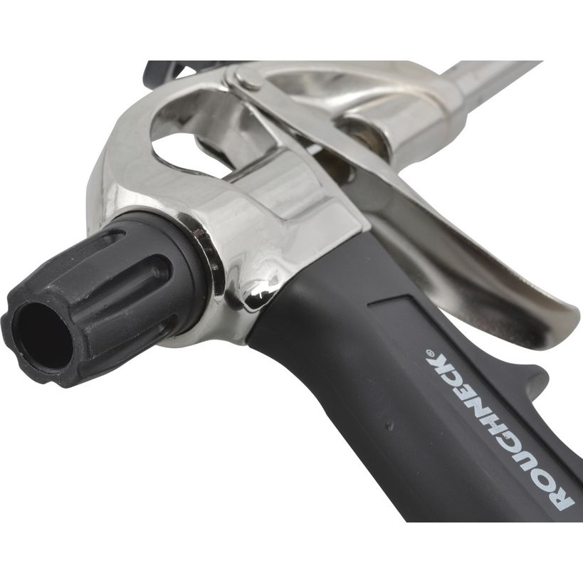 Roughneck expanding foam gun with polished metal spray head and black rubber grip handle for polyurethane foam application