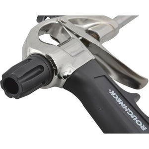 Roughneck expanding foam gun with polished metal spray head and black rubber grip handle for polyurethane foam application