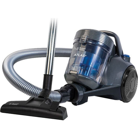Russell Hobbs Atlas cylinder bagless vacuum cleaner with blue transparent dust chamber, black base unit, silver telescopic hose and black floor brush head on white background