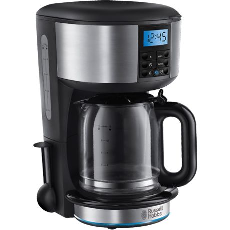 Russell Hobbs Buckingham black and stainless steel filter coffee maker with 1.25 litre glass carafe and digital display showing time