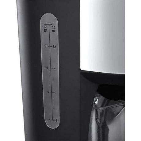 Russell Hobbs Buckingham black filter coffee maker showing water level indicator gauge on side with measurements from 2 to 15 cups and max fill line