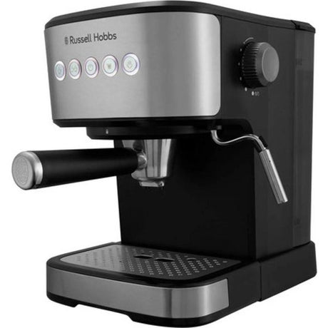 Russell Hobbs Everyday Espresso black and stainless steel pump coffee maker with drip tray and steam wand, featuring five control buttons on silver panel