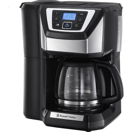 Russell Hobbs Victory Grind and Brew coffee machine in black and silver with digital display, glass carafe and integrated grinder