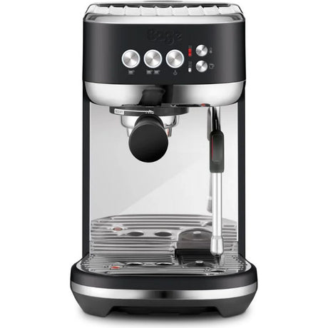 Sage Bambino Plus espresso coffee machine in black truffle with stainless steel accents, featuring three control knobs on the top panel, integrated steam wand on the right side, and drip tray with cup rest on the front