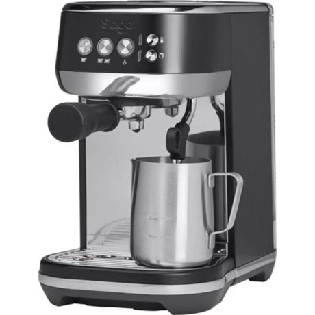 Sage Bambino Plus espresso coffee machine in black and stainless steel with control panel, steam wand, and metal milk pitcher on drip tray