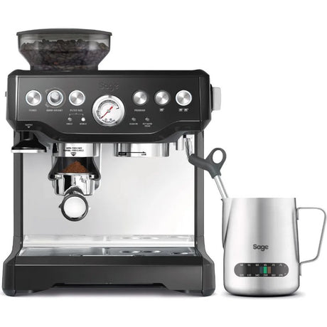 Sage Barista Express black bean to cup espresso machine with integrated grinder, featuring control panel with dials and pressure gauge, alongside stainless steel milk frother jug on white background