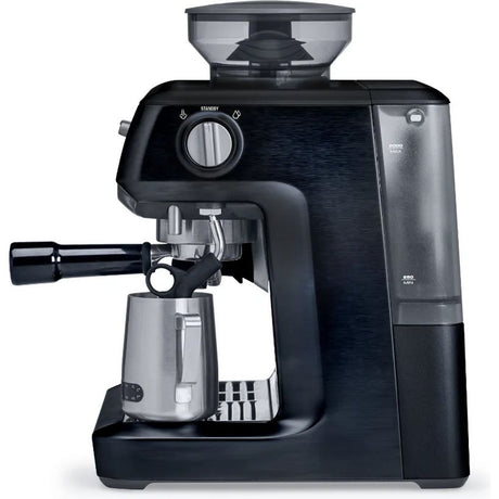 Sage Barista Express black bean to cup coffee machine with integrated grinder, portafilter and stainless steel milk jug, front view on white background