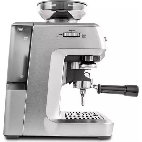 Sage Barista Express espresso machine in brushed stainless steel with integrated grinder, group head, steam wand, and drip tray, featuring digital display and control panel
