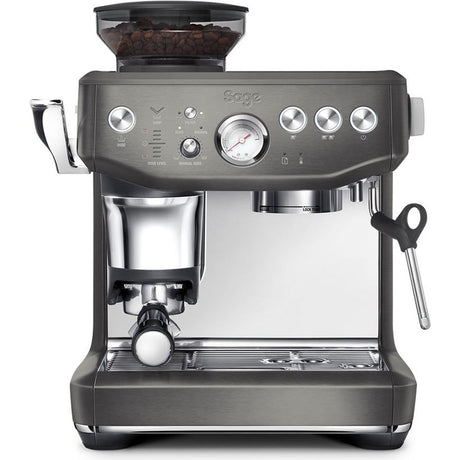 Sage Barista Express Impress black bean to cup espresso machine with integrated grinder, stainless steel portafilter, steam wand, dose level dial, and bean hopper viewed from front