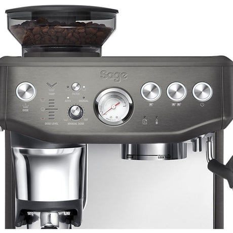 Sage Barista Express Impress black bean to cup espresso machine with integrated grinder, stainless steel portafilter, analog pressure gauge, control knobs and buttons, and transparent bean hopper on top