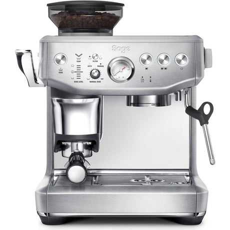 Sage Barista Express Impress stainless steel bean to cup espresso machine with integrated grinder, steam wand, and control panel featuring multiple buttons and a pressure gauge