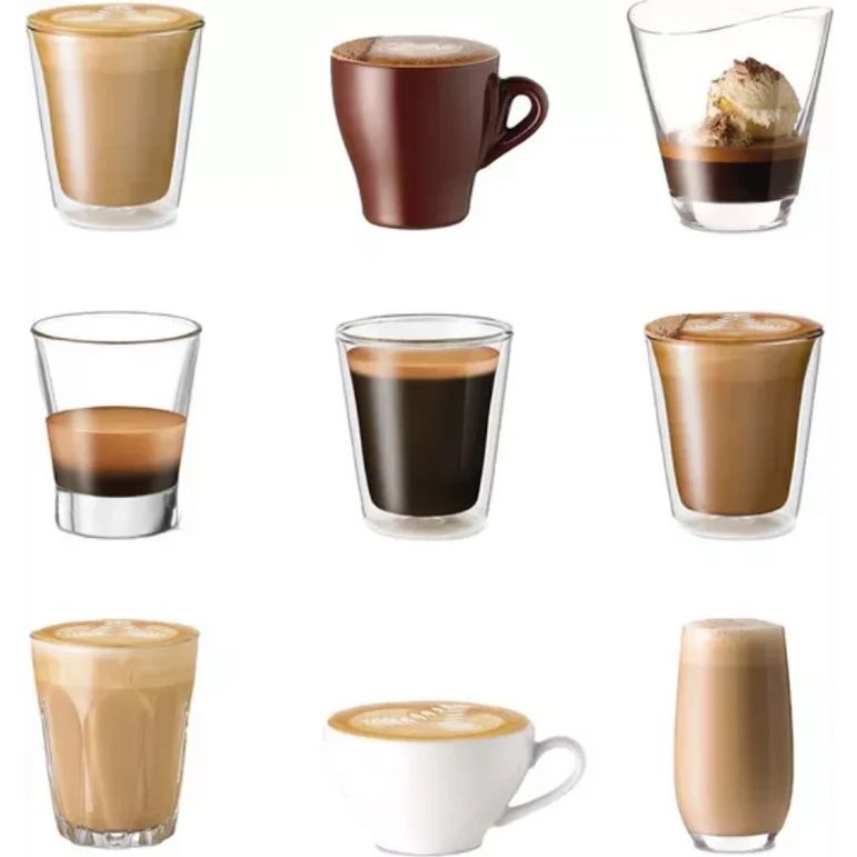 Nine different coffee drink varieties displayed in various glassware and cups showing espresso, americano, cappuccino, latte, flat white and other espresso-based beverages with varying milk ratios and foam levels