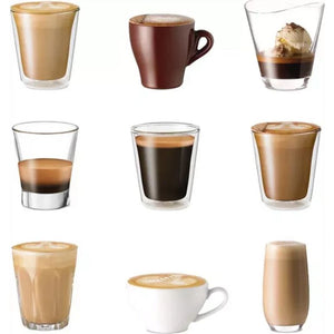 Nine different coffee drink varieties displayed in various glassware and cups showing espresso, americano, cappuccino, latte, flat white and other espresso-based beverages with varying milk ratios and foam levels