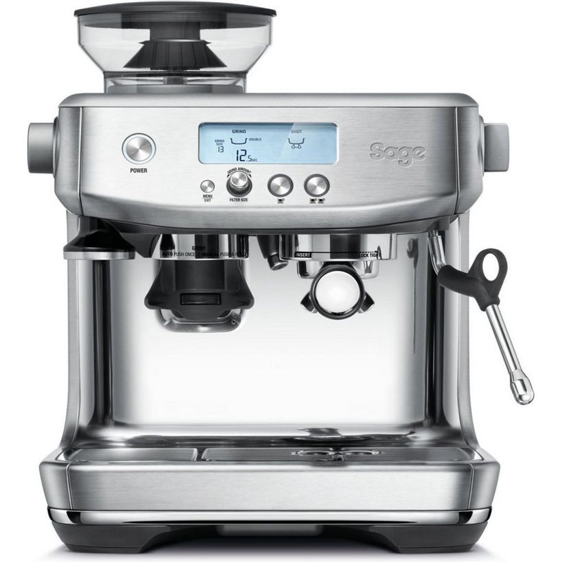 Sage Barista Pro espresso coffee machine in brushed stainless steel with integrated grinder, digital display, steam wand, and portafilter on white background