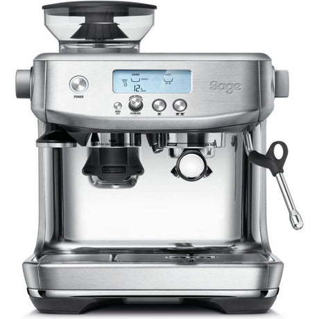 Sage Barista Pro espresso coffee machine in brushed stainless steel with integrated grinder, digital display, steam wand, and portafilter on white background