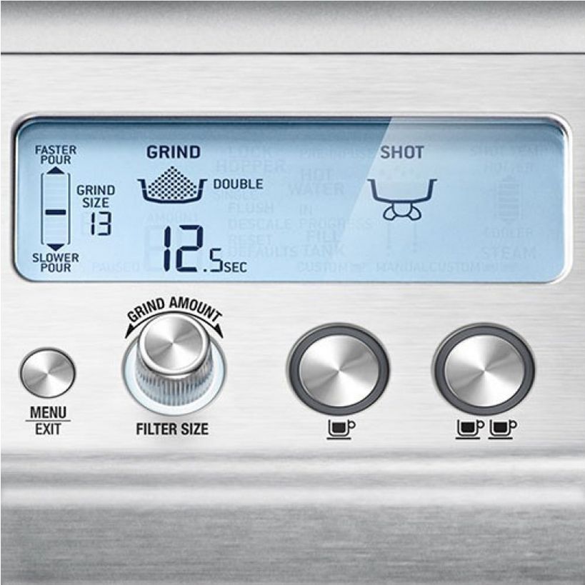 Close-up of Sage Barista Pro espresso machine control panel showing digital display with grind settings, grind size 13, double shot option, 12.5 second timer, filter size dial, and single and double shot buttons on brushed stainless steel surface