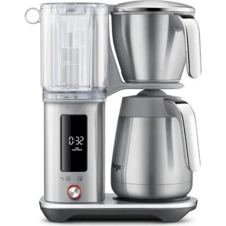 Sage The Luxe Brewer Thermal Drip Coffee Machine in stainless steel with digital display, featuring a clear glass water reservoir on top, two stainless steel carafe holders on either side, and a dark grey base with control buttons