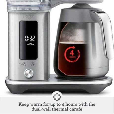 Sage The Luxe Brewer Thermal Drip Coffee Machine in stainless steel featuring a digital display on the left brewer unit showing 0:32 time, paired with a dual-wall thermal carafe on the right displaying a red 4-hour warming indicator, all mounted on a shared gray base with text below describing 4-hour thermal keeping capability