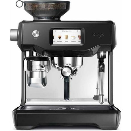 Sage Oracle Touch black espresso machine with integrated touchscreen display, grinder, portafilter, steam wand and drip tray featuring stainless steel and black truffle finish