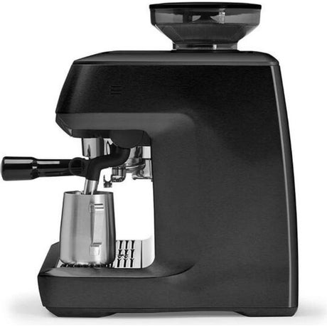 Sage The Oracle Touch black espresso machine with integrated grinder, stainless steel portafilter and drip tray, featuring touch screen display and bean hopper on top