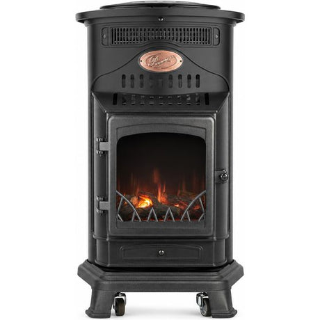 Black portable gas and electric heater with cast iron body, rounded top, decorative copper medallion, glass front door displaying electric flame effect, metal grate detailing, and wheeled base
