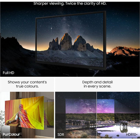 Samsung 27 inch Full HD Smart TV displaying a mountainous landscape with starry night sky, featuring comparison panels showing PurColour color accuracy, SDR standard dynamic range, and HDR10+ enhanced contrast capabilities with wildlife scenes
