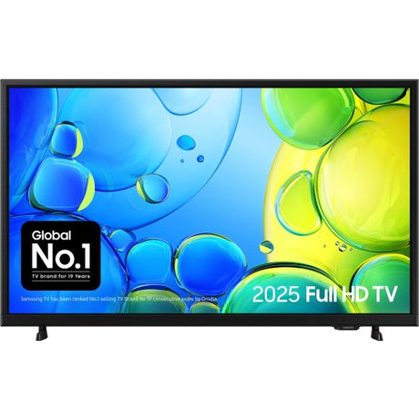 Samsung 40 inch UE40F6000FKXXU Full HD Smart TV with black bezel displaying colorful blue and green bubble design on screen, 2025 model shown against white background