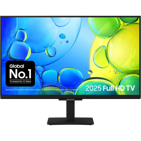 Samsung F6000 24 inch Full HD Smart TV 2025 model with black frame and stand displaying colorful blue and yellow bubble screensaver, featuring Global No.1 TV brand badge on lower left corner