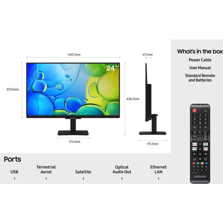 Samsung 24 inch FHD Smart TV model UE24F6000FKXXU with black stand and bezel displaying colorful blue and green bubble design on screen, shown with dimensions 540.7mm width and 329mm height, alongside Samsung remote control, power cable, and specifications listing USB, Terrestrial Aerial, Satellite, Optical Audio Out and Ethernet LAN ports