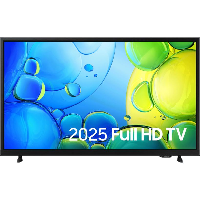 Samsung F6000 32 inch Full HD Smart TV 2025 model with black bezel displaying colorful blue and yellow bubble design on screen