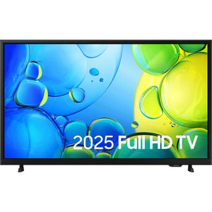 Samsung F6000 32 inch Full HD Smart TV 2025 model with black bezel displaying colorful blue and yellow bubble design on screen