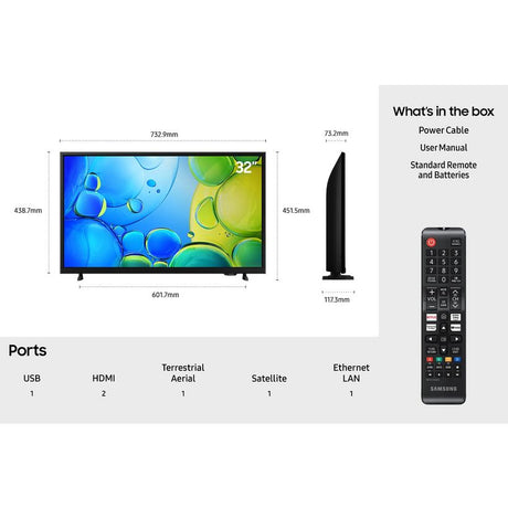 Samsung F6000 32 inch Full HD Smart TV with dimensions and specifications showing colorful display, black bezel, stand, remote control, power cable and user manual included in box with ports for USB, HDMI, terrestrial aerial, satellite and ethernet connectivity