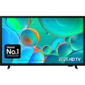 Samsung H5000 32 inch HD LED Smart TV 2025 model displaying colorful abstract bubbles and spheres in blue, green and orange on screen with Global No.1 TV brand badge on black bezel against white background
