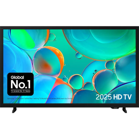 Samsung H5000 32 inch HD LED Smart TV 2025 model displaying colorful abstract bubbles and spheres in blue, green and orange on screen with Global No.1 TV brand badge on black bezel against white background