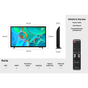 Samsung 32 inch HD LED Smart TV with dimensions and port specifications shown, including remote control, power cable and user manual, displaying colorful abstract bubble imagery on screen