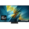 Samsung 55 inch 4K OLED smart TV model QE55S95FATXXU displaying blue and gold abstract imagery with Global No.1 TV brand badge and 2025 OLED text on screen, featuring sleek black bezel and stand against white background
