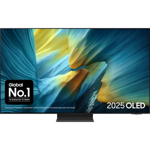 Samsung 55 inch 4K OLED smart TV model QE55S95FATXXU displaying blue and gold abstract imagery with Global No.1 TV brand badge and 2025 OLED text on screen, featuring sleek black bezel and stand against white background