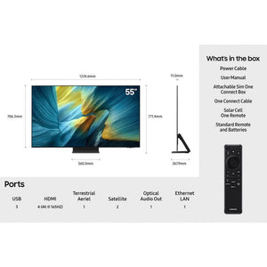 Samsung S95F 55 inch OLED smart TV with dimensions and specifications showing 4K display, ports including HDMI and USB, remote control, and included accessories like power cable and user manual