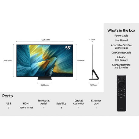 Samsung S95F 55 inch OLED smart TV with dimensions and specifications showing 4K display, ports including HDMI and USB, remote control, and included accessories like power cable and user manual
