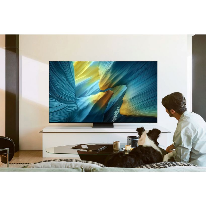 Man and dog sitting on bed watching Samsung S95F 55 inch OLED TV displaying blue and yellow abstract motion artwork in modern minimalist bedroom with white media console and wooden flooring