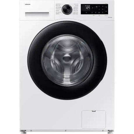 Samsung Series 5 white front-load washing machine with 9kg capacity, 1400 spin speed, featuring a large black circular door, digital display panel and control knob on the white exterior